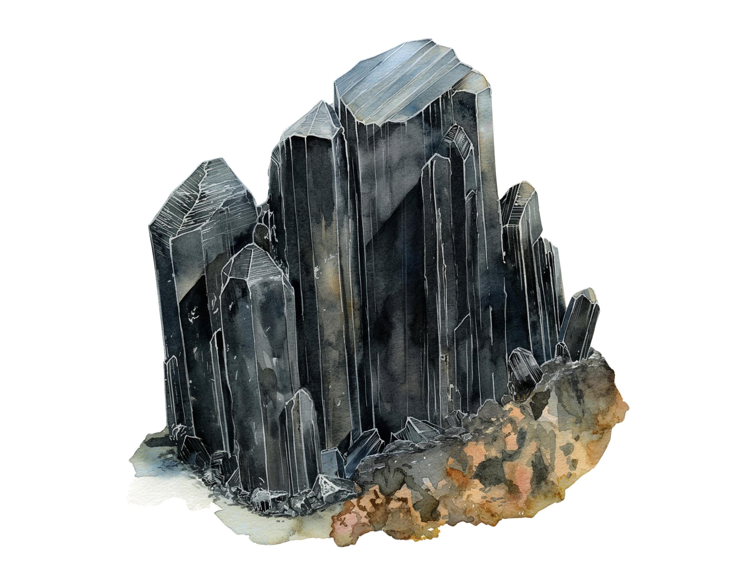 Black Tourmaline Crystal Watercolor Clipart Bundle (PNG) - Etsy