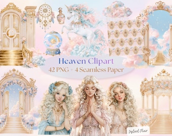Heaven Clipart Bundle, Celestial Fantasy PNG, Angelic Graphics, Seamless Digital Paper (Digital Download)