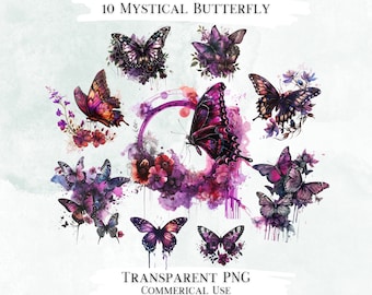 Mystic Butterfly Watercolor Clipart, Transparent PNG Bundle (Digital Designs)