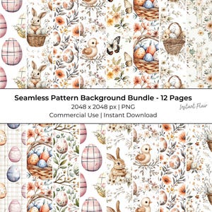 Padrões Vintage de Páscoa Sem Costura – Coelho, Ovo, Floral PNG (Download Digital, Pacote com 12)