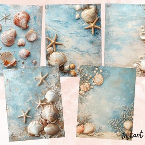May include: Five digital scrapbook paper designs featuring a blue and white background with seashells and starfish. The text "Instant Flair" is visible in the bottom right corner of one of the designs.