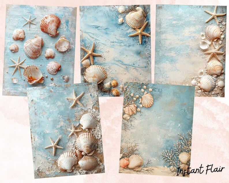 May include: Five digital scrapbook paper designs featuring a blue and white background with seashells and starfish. The text "Instant Flair" is visible in the bottom right corner of one of the designs.