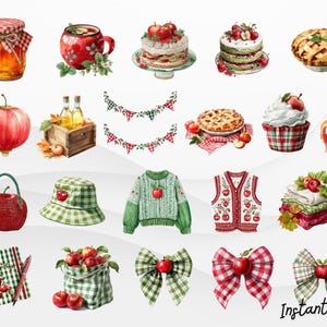 May include: Watercolor illustrations of apple-themed items. Includes a jar of honey, a red mug, cakes, pies, a lantern, a wooden crate with bottles, bunting, a handbag, a bucket hat, sweaters, a notebook, bows, and a caramel apple.
