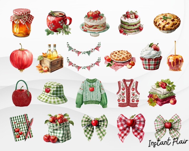 May include: Watercolor illustrations of apple-themed items. Includes a jar of honey, a red mug, cakes, pies, a lantern, a wooden crate with bottles, bunting, a handbag, a bucket hat, sweaters, a notebook, bows, and a caramel apple.