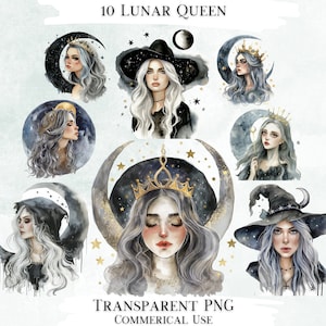 Lunar Queen Watercolor Clip Art Bundle, 10 Transparent PNG Designs, Decorative Images, Digital Designs for Commercial Use
