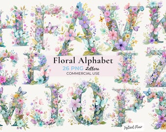Floral Alphabet Clipart, Watercolor Letter PNG Set (Digital Download)