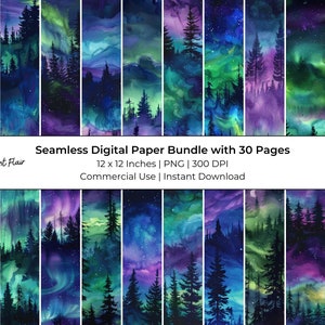 Aquarell Polarlichter Digitales Papier, 30-seitiges Junk Journal Printables, kommerzielle Nutzung, Instant Download