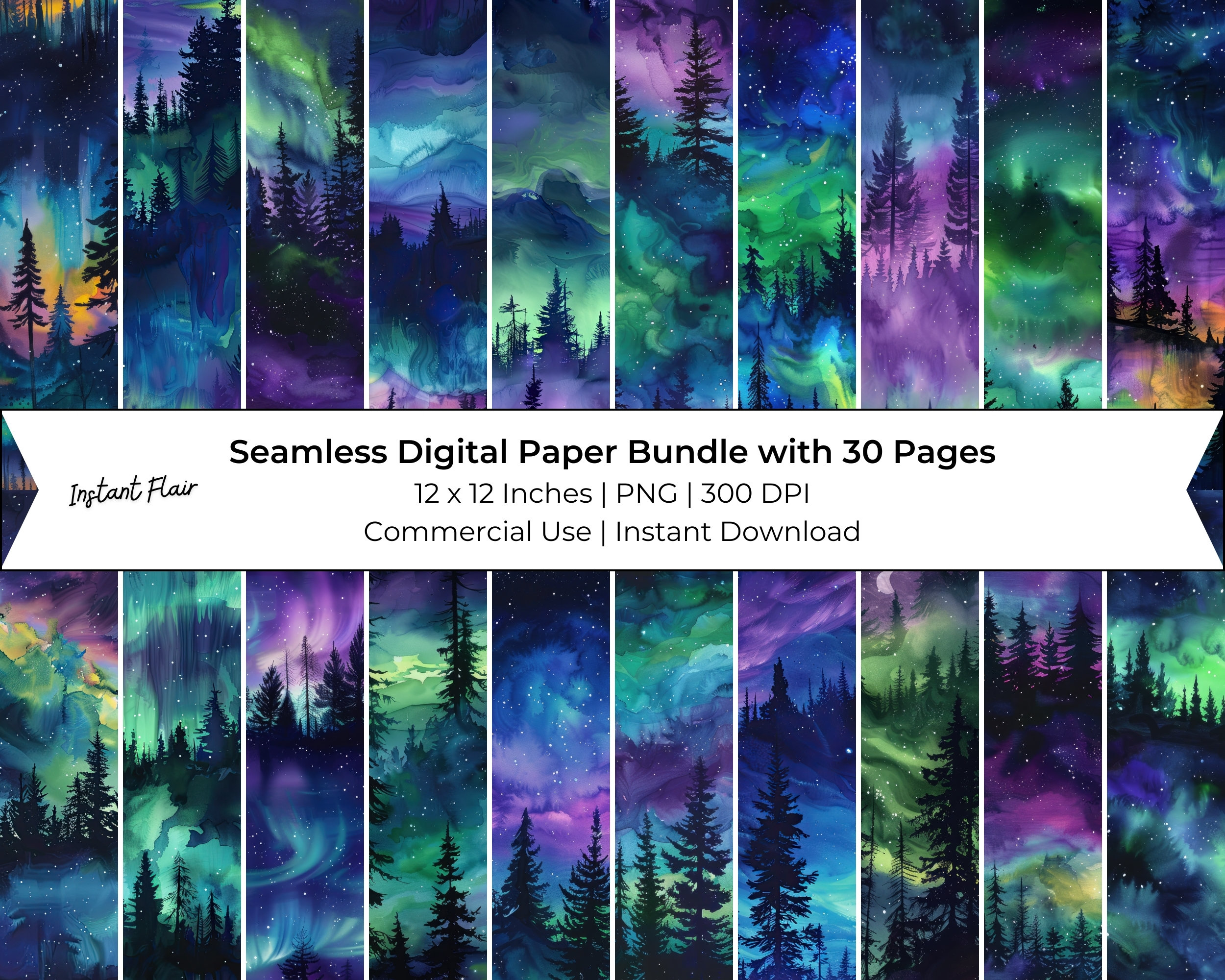 Watercolor Northern Lights Digital Paper: 30 Pages Seamless Collage Sheets and Junk Journal Printables, Commerical Use, Instant Download