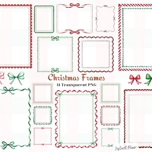 May include: A collection of Christmas frames in various shapes and sizes, featuring red and green accents. Some frames have scalloped edges, while others include bows and ribbons. The text "Christmas Frames" and "41 Transparent PNG" is also visible.