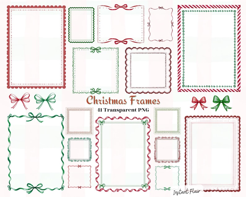 Puede incluir: Una colecci&oacute;n de marcos navide&ntilde;os de varias formas y tama&ntilde;os, con detalles en rojo y verde. Algunos marcos tienen bordes festoneados, mientras que otros incluyen lazos y cintas. El texto "Christmas Frames" y "41 Transparent PNG" tambi&eacute;n es visible.