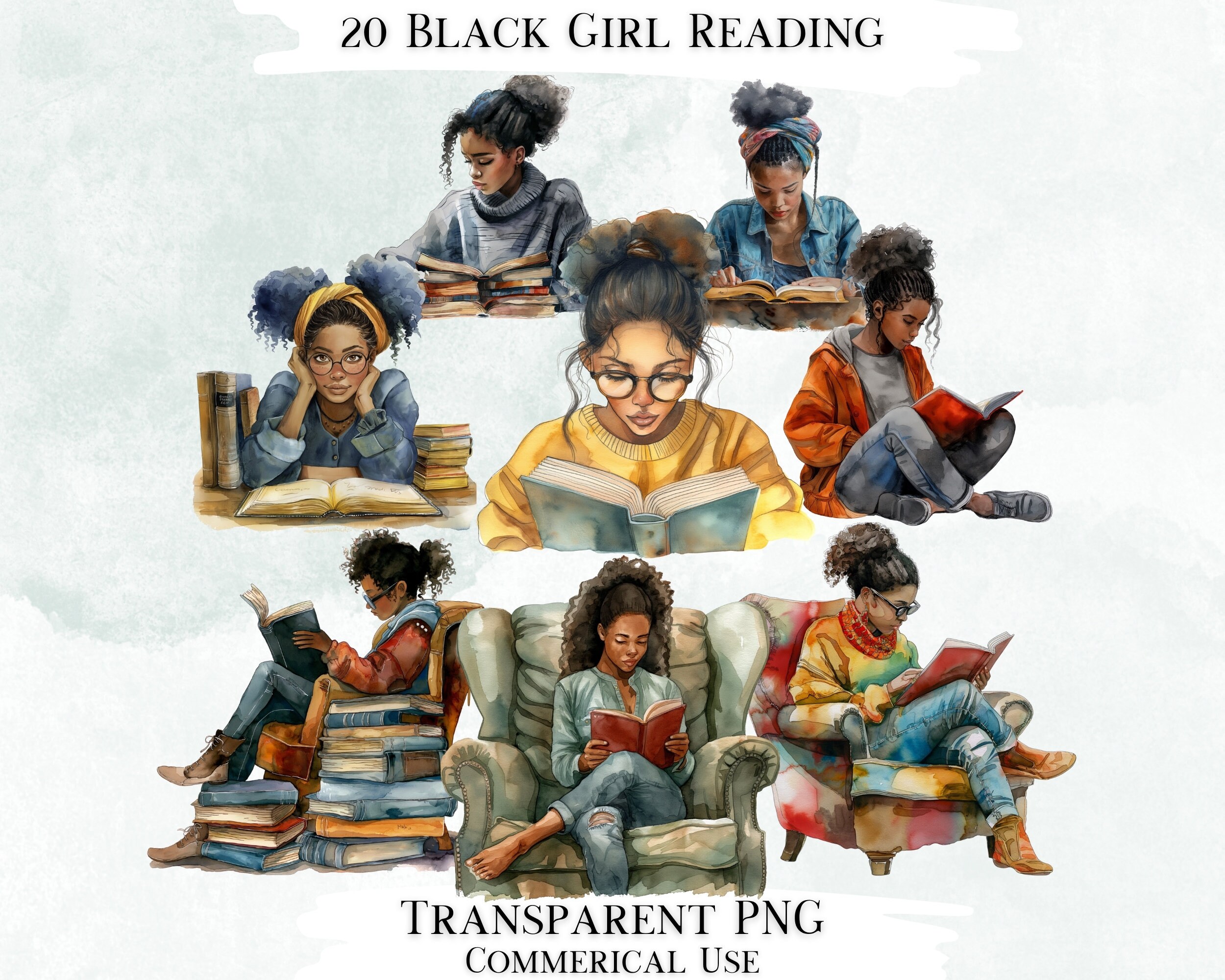 Black Girl Reading Watercolor Clip Art Bundle, 20 Transparent PNG ...
