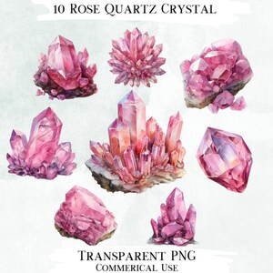 Pode incluir: Dez ilustrações de aquarela de cristais de quartzo rosa em várias formas e tamanhos. Os cristais são rosados e têm uma aparência translúcida. As ilustrações estão sobre um fundo branco.