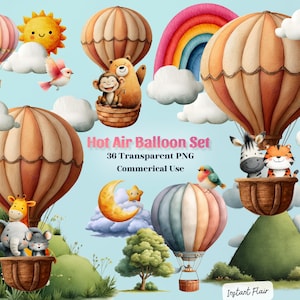 36 Heißluftballon Clipart - Süße Tiere, Wolken und Bäume - PNG Mix und Match Set