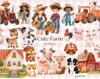 May include: A collection of watercolor illustrations featuring children in overalls, farm animals including a cow, pig, sheep, goat, donkey, and horse, a red tractor, a barn, a windmill, and a house, with the text Cute Farm 32 PNGs displayed centrally.