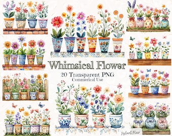 May include: 20 watercolor illustrations of whimsical flower pots with various flowers in shades of pink, yellow, blue, and purple. The pots are decorated with floral patterns and have a rustic, vintage aesthetic. The text "Whimsical Flower" and "20 Transparent PNG Commercial Use" is included in the image.