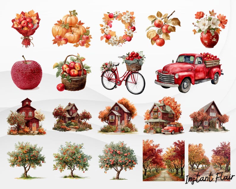 May include: Watercolor illustrations of autumn-themed elements, including apples, pumpkins, and fall foliage. Featured are a red truck, a bicycle with a basket of apples, and several houses. The image has a warm, inviting color palette.