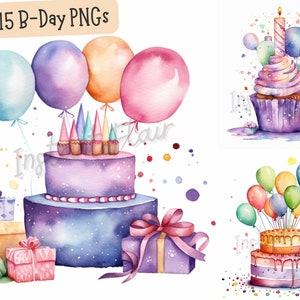 Lot de 15 images clipart anniversaire, dessins PNG, aquarelle, cadeaux artistiques mignons pour l'anniversaire, ballons, images décoratives, dessins numériques à usage commercial