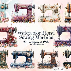 25 Floral Sewing Machine Clipart – Watercolor Style – Transparent PNG – Commercial Use – Instant Download