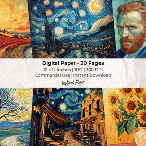May include: A digital paper pack with 30 pages of various designs inspired by Vincent van Gogh's Starry Night. The designs feature swirling stars, a cityscape, sunflowers, and a portrait of the artist. Each page is 12 inches by 12 inches and 300 DPI.