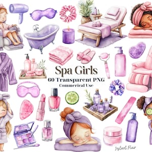 Lot de 60 cliparts filles au spa - Soins personnels et relaxation PNG - Téléchargement numérique - Usage commercial