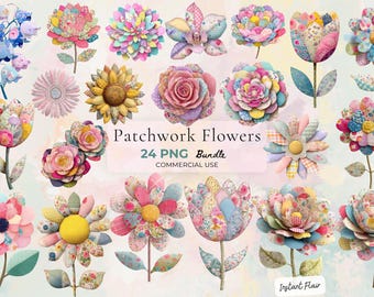 Patchwork Flower Clipart Bundle, Fabric Style Floral PNG Graphics (Digital Download)