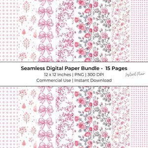 15 Pink Toile Digital Paper, Seamless Floral Patterns, Chinoiserie Backgrounds, Printable Scrapbook Paper, Baby Shower Decor, Instant