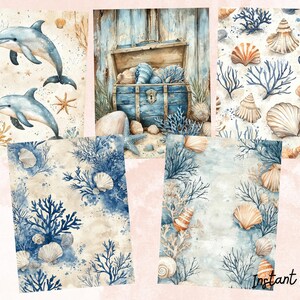 May include: A digital paper pack with a nautical theme. The pack includes images of seashells, coral, dolphins, and a treasure chest. The images are in a watercolor style and have a light blue, beige, and brown color scheme.
