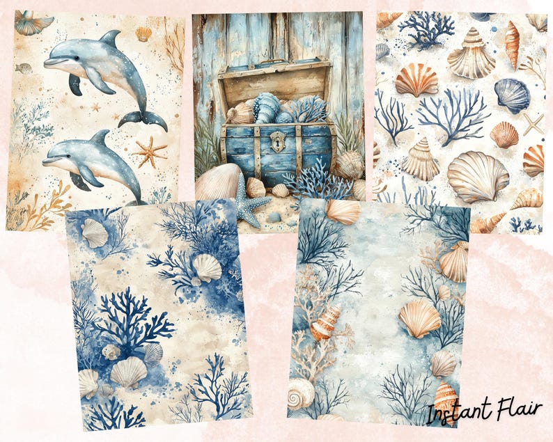May include: A digital paper pack with a nautical theme. The pack includes images of seashells, coral, dolphins, and a treasure chest. The images are in a watercolor style and have a light blue, beige, and brown color scheme.