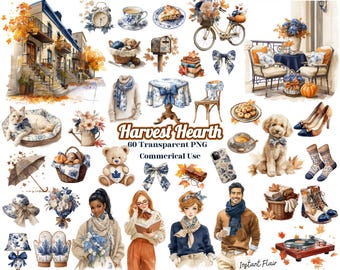 May include: Watercolor illustrations of autumn-themed items. The image includes a bicycle with a basket of flowers, a cat in a bed, a teddy bear, and people. The color palette features blues, oranges, and browns, evoking a cozy, seasonal atmosphere.