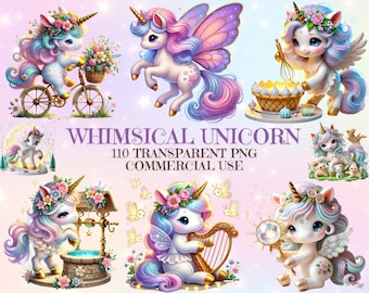 110 Whimsical Unicorn Clipart Bundle – Transparent PNG – Commercial Use – Instant Download