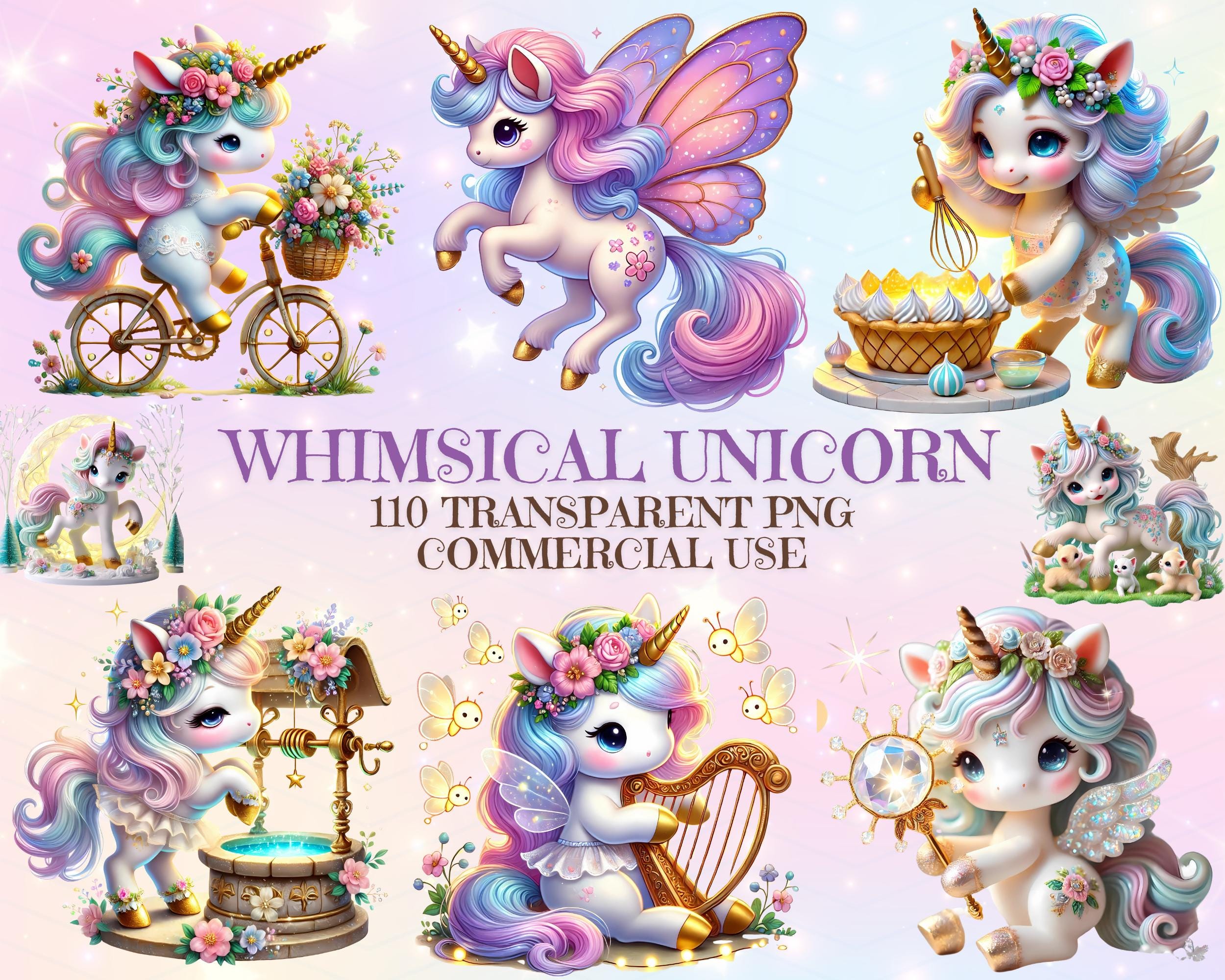 110 Whimsical Unicorn Clipart Bundle – Transparent PNG