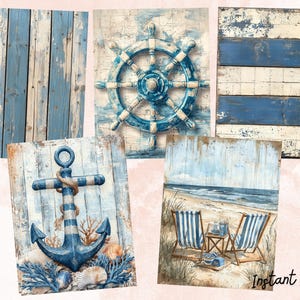 May include: A digital collage of nautical themed images. The collage includes a blue and white striped anchor, a blue and white ship's wheel, and a blue and white wooden plank background. The collage also includes a beach scene with two blue and white striped beach chairs.