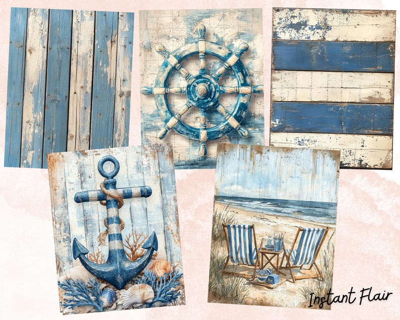 May include: A digital collage of nautical themed images. The collage includes a blue and white striped anchor, a blue and white ship's wheel, and a blue and white wooden plank background. The collage also includes a beach scene with two blue and white striped beach chairs.