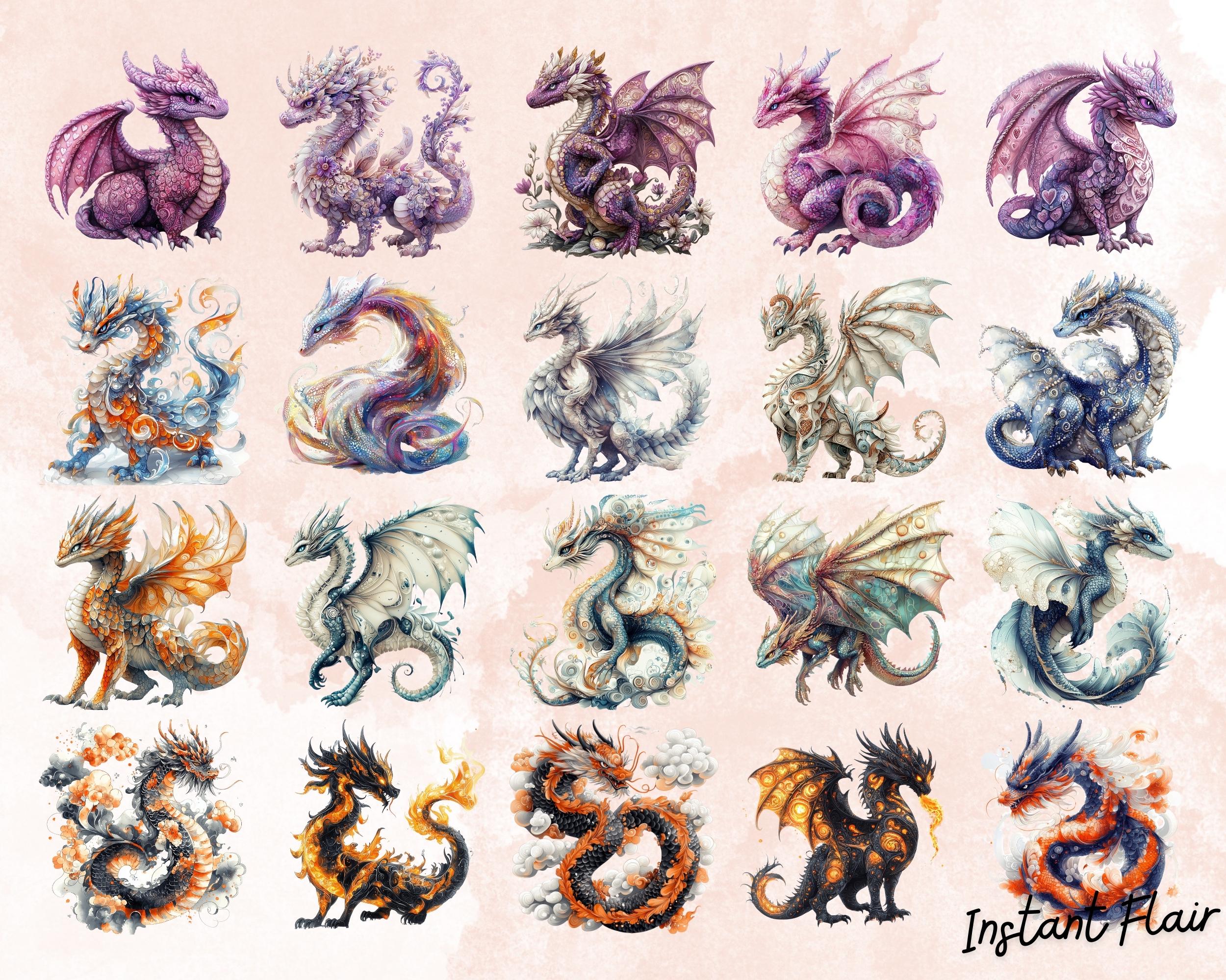 水彩ファンタジードラゴンのクリップアート – エーテルPNGバンドル