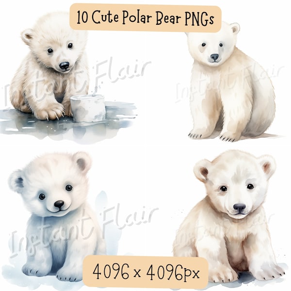 Cute Polar Bear Watercolor Clip Art Bundle, PNG Designs, Decorative Images, Digital Designs for Commercial Use