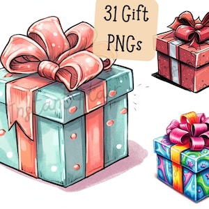 Geschenk Clip Art Bundle 31 PNG Designs Aquarell Niedlich Artsy Geschenkboxen Dekorative Bilder Digitale Designs für den kommerziellen Gebrauch