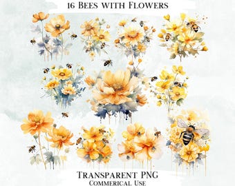 Watercolor Bees and Flowers Clipart Bundle (16 PNG Designs)