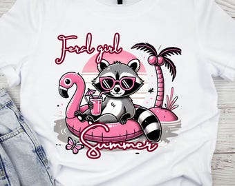 Feral Girl Summer Raccoon PNG – Flamingo Float Clipart – Funny Summer Graphic – Digital Download