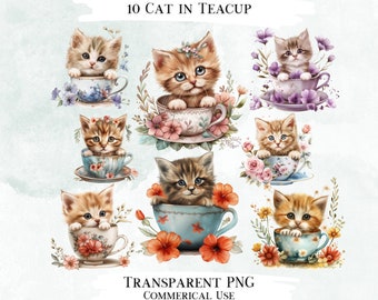 Watercolor Kitten in Teacup Clipart Bundle, 10 PNG Designs (Digital Designs)