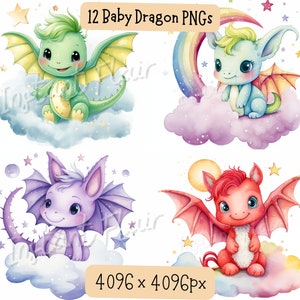Baby Dragon Cloud Watercolor Clip Art Bundle, PNG Designs, Decorative Images, Digital Designs for Commercial Use