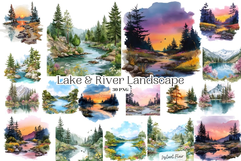 Scenic Lake & River Landscape Clipart | Nature PNG Set (digital ...