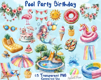 45 imágenes prediseñadas de acuarela para cumpleaños de fiesta en la piscina – PNG transparente – Uso comercial – Descarga instantánea