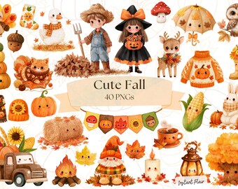 May include: A collection of 40 digital illustrations featuring autumn-themed characters and objects, including pumpkins, a child in overalls, a child in a witch costume, a deer, an owl, a truck, a sweater, and a banner with the text Cute Fall 40 PNGs.