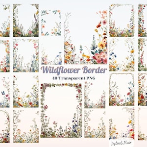 May include: A selection of 20 watercolour wildflower borders in diverse shapes. Each border showcases colourful flowers and foliage, set against a white backdrop. The text "Wildflower Border 40 Transparent PNG" is visible.