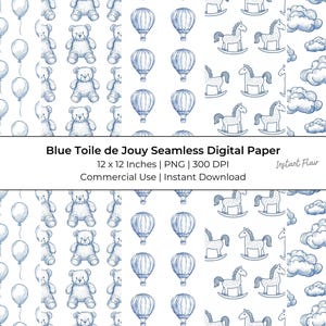 Niebieski papier cyfrowy Toile De Jouy: 5 stron bezszwowe arkusze kolażowe i materiały do druku Junk Journal, do użytku komercyjnego, natychmiastowe pobieranie