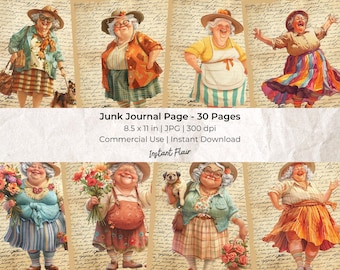 Whimsical Old Lady Junk Journal Pages: 30 Printable Designs (Digital Download)