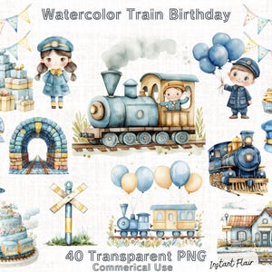 40 aquarel trein clipart voor verjaardagsfeestjes, babyshower decor, digitale download, transparante png-afbeeldingen