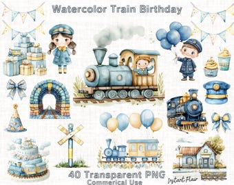 Tren de acuarela, decoración para fiesta de cumpleaños (descarga digital)