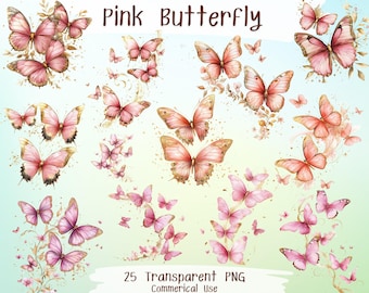 Clipart di farfalle rosa acquerello - 25 disegni PNG (download digitale)