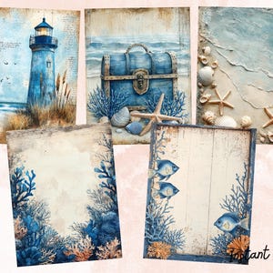 May include: A set of four digital scrapbook paper designs featuring a lighthouse, a treasure chest, seashells, and coral. The papers are in shades of blue, white, and brown with a vintage, distressed look.